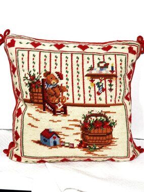 Vintage Needlepoint Christmas Pillow Teddy Bear & Basket Scene Red Velvet Bac